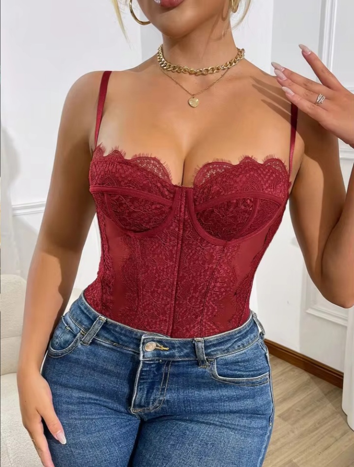 Women’s Burgundy Lace Bustier Bodysuit – Floral Lace Corset Style Camisole Top